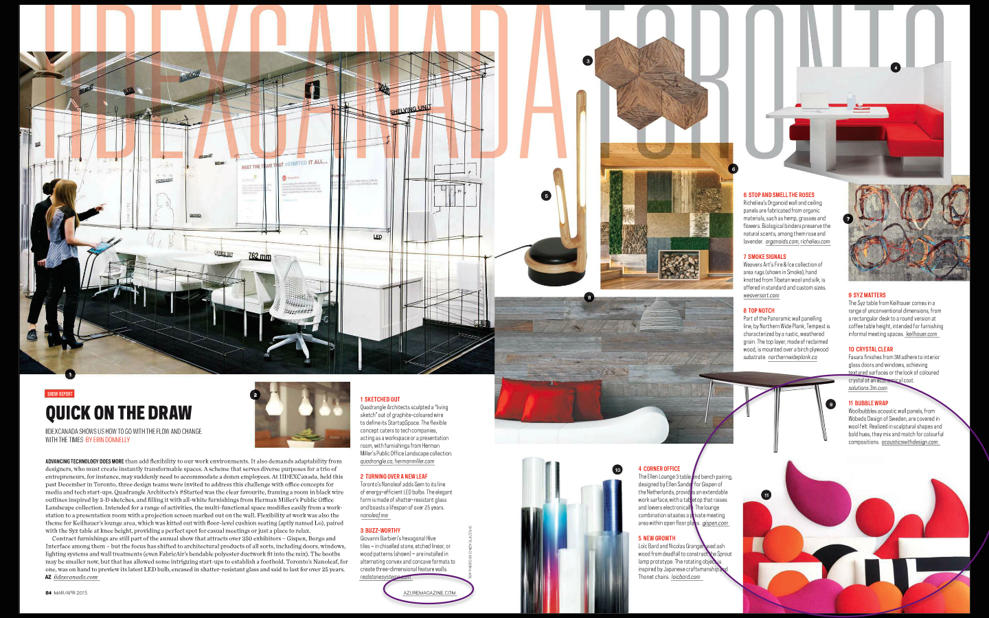 Azure Magazine Spread of their IIDEX Highlight Choices including Wobedo Acoustic Panels